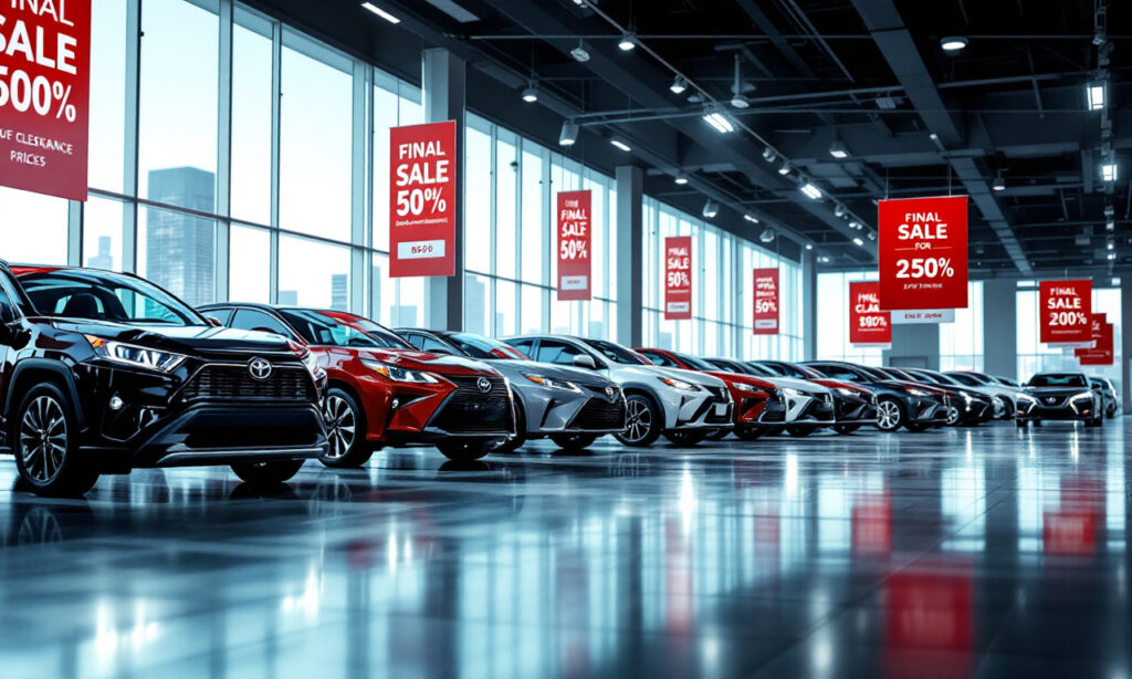 Распродажа автомобилей Toyota и Nissan в автосалоне с акцентом на старые цены.